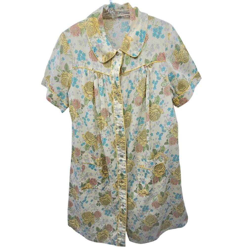 Vintage 60s Floral Collared Snap Front Short Sleeve‎ Home Sewn House Dress